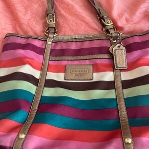 Coach Pink and Red Tote Bag with Leather Straps